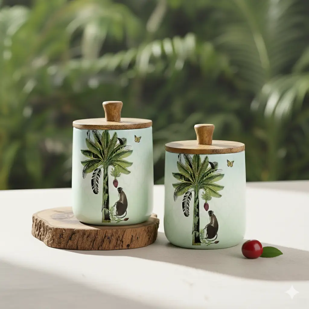 Tropical Palm and Monkey Ceramic Storage Jars